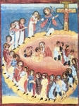 "Maria presenta umanità a Cristo Crocifisso" - miniatura - XII secolo - «Biblioteca di Bamberga» Bamberga - Germania