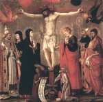 "Crocifissione coi santi Gregorio, Monica, la Vergine, Maria Maddalena, Girolamo, Giovanni evangelista, Agostino, Giovanni Battista" - dipinto - 1453-59 - «Pieve di S. Lorenzo a Miransù» Rignano sull'Arno (FI) - Italia